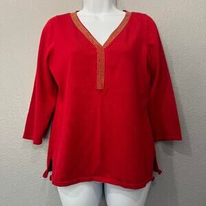 Carolyn Taylor Red Blouse with Gold Beaded Trim – Size XL